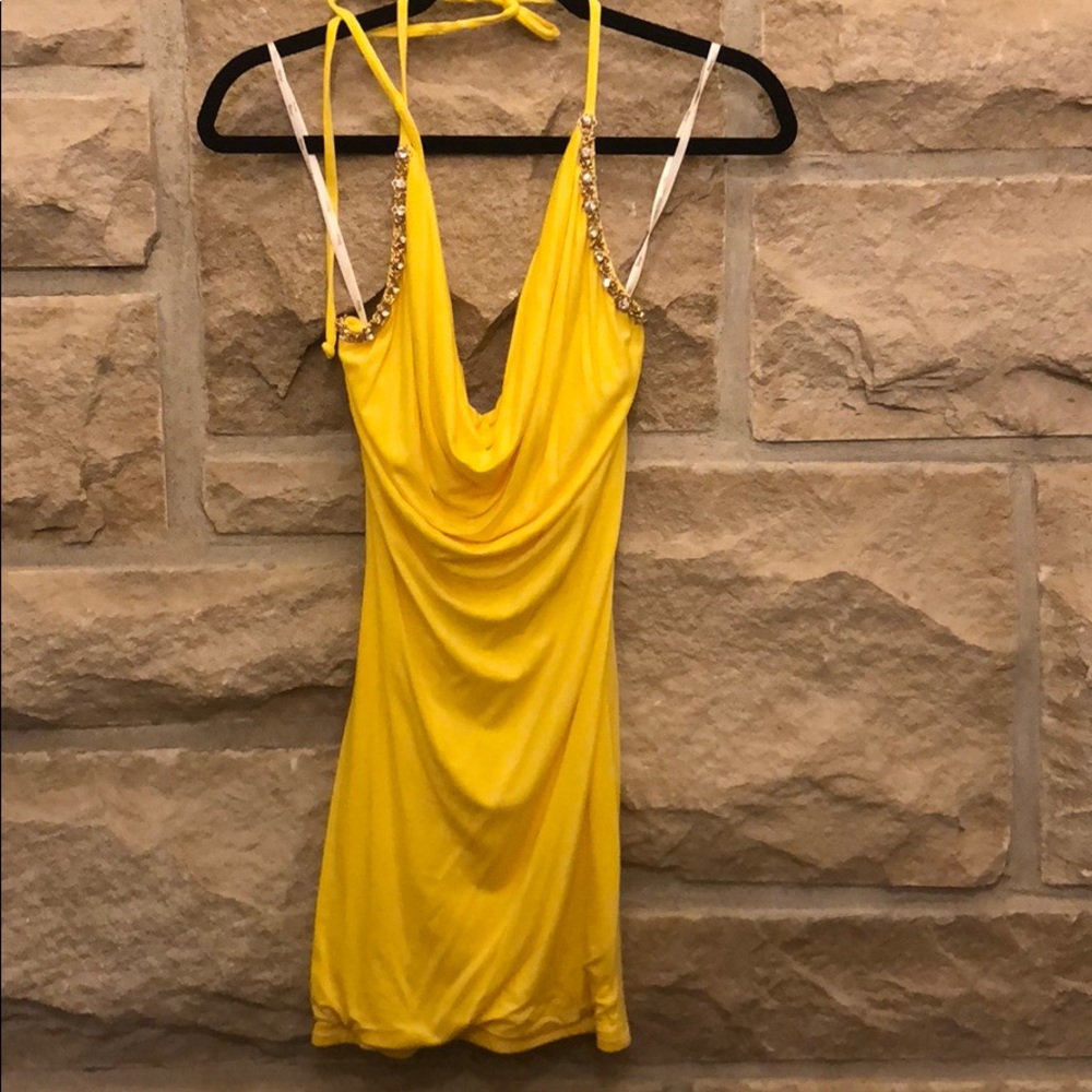 Sky Frami Yellow Halter Dress with Rhinestones